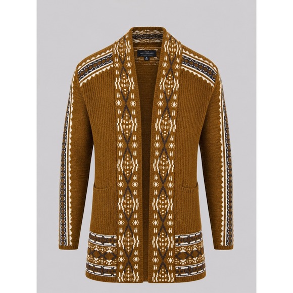 Lucky Brand Jackets & Blazers - Lucky Brand Mens Brown Southwestern Geometric Open Front Cardigan Sweater Medium